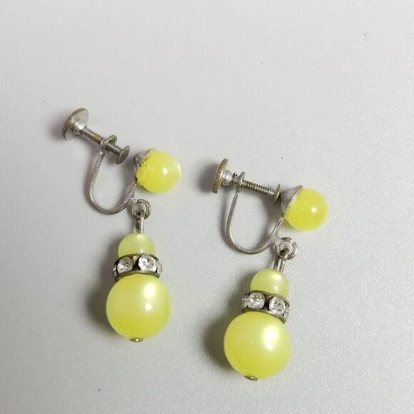 Vintage Bright Yellow Moonglow Dangle Clip On Earrings, Rhinestone, Estate - Picture 3 of 6